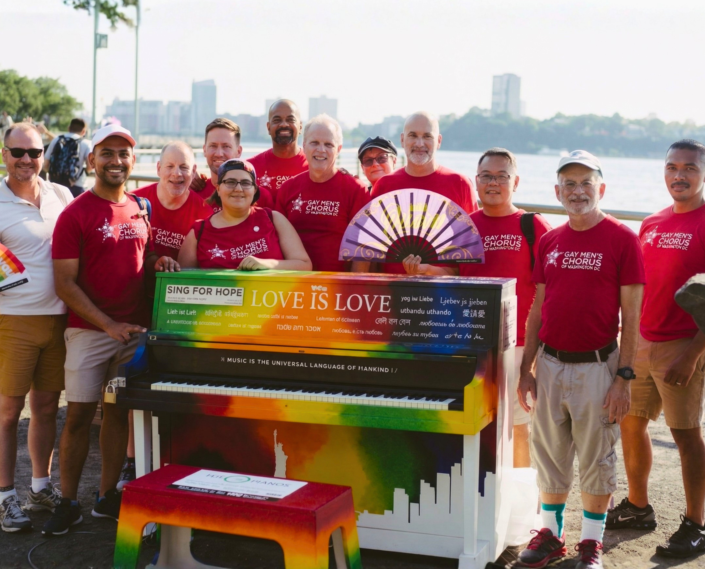 Community chorus on stage at a Sing for Hope Piano site